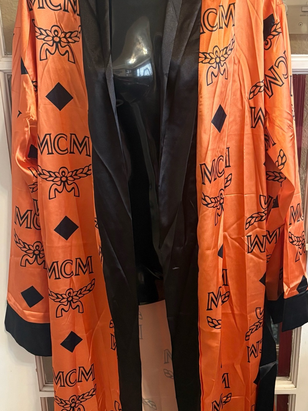 Peach Satin Robe with Black Trim and Tie Belt - Picture 6 of 8